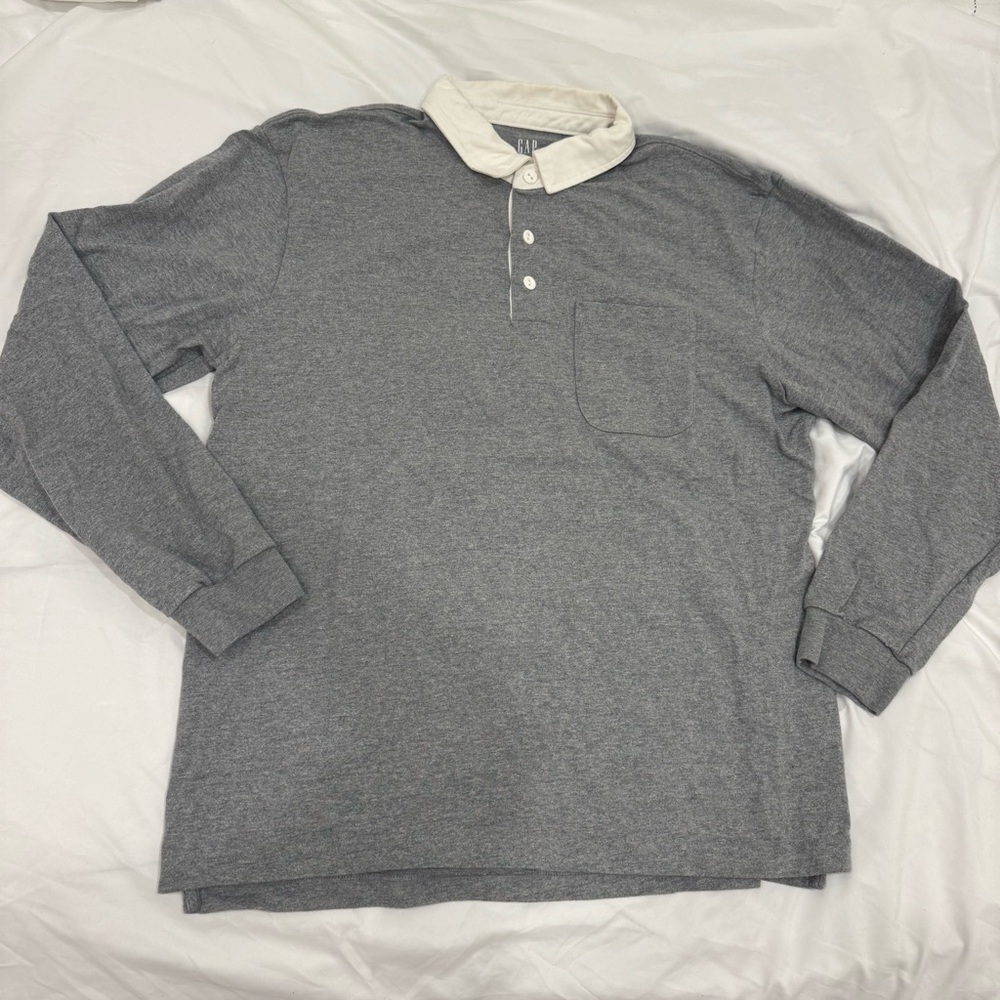 GAP Vintage Style Grey Heather Long Sleeve Rugby Polo Shirt Men’s L 100% Cotton